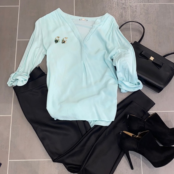 Pleione Mixed Media Tunic Split Neck Roll Sleeve - Aqua - Picture 2 of 6